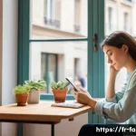 가족상담사로서 번아웃 극복하는 방법 - A serene office scene featuring a mid-30s French family counselor taking a mindful break by a large ...