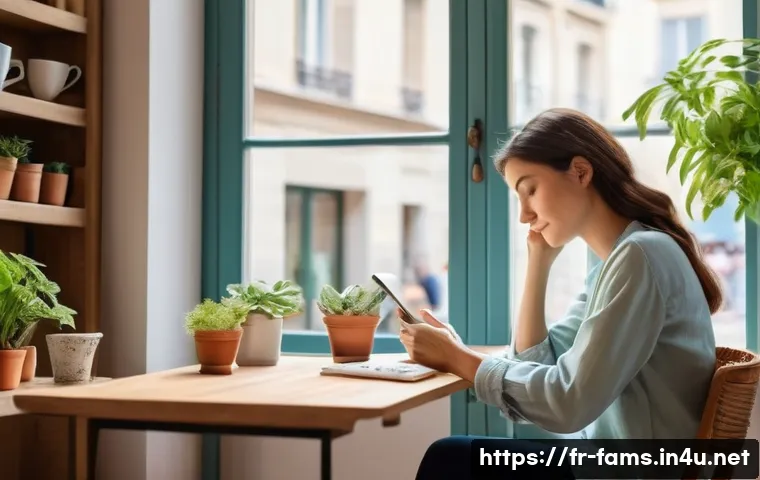 가족상담사로서 번아웃 극복하는 방법 - A serene office scene featuring a mid-30s French family counselor taking a mindful break by a large ...